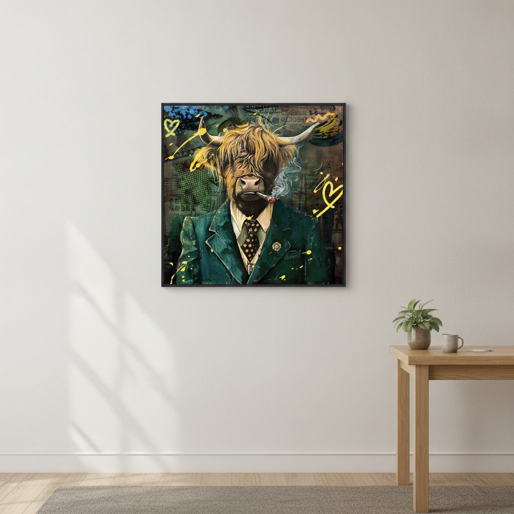 tjuren som gentleman — handmålad akryl på duk, 80×80 cm