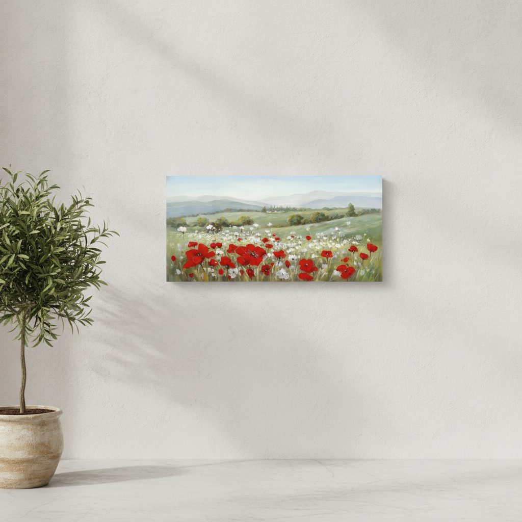 toskanskt landskap — handmålad akryl på duk, 70×140 cm