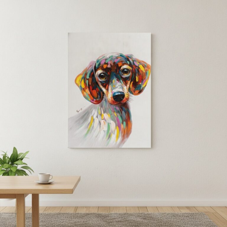 Trogen hund — handmålad akryl på duk, 50×70 cm