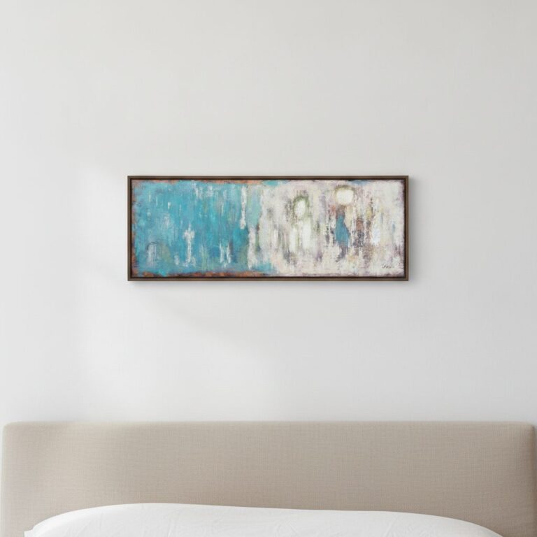 Turkosblå harmoni — handmålad akryl på duk, 50×150 cm