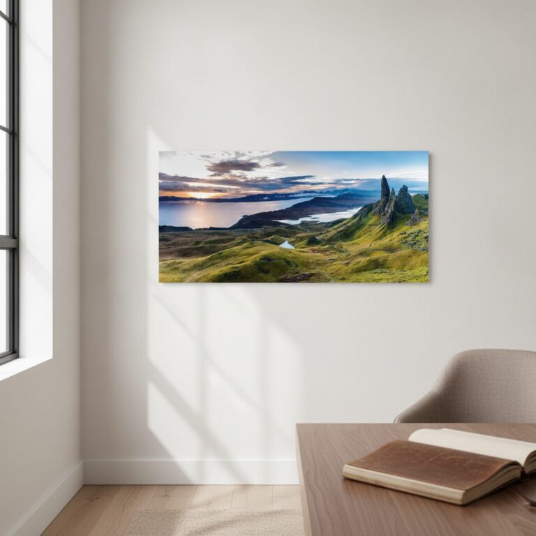 Vacker sjö med berg — tryck på aluminium, 66×140 cm