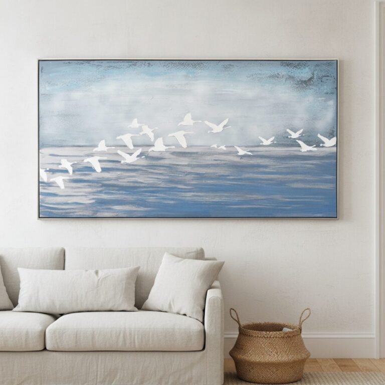 Vita måsar — handmålad akryl på duk, 72,5×142,5 cm