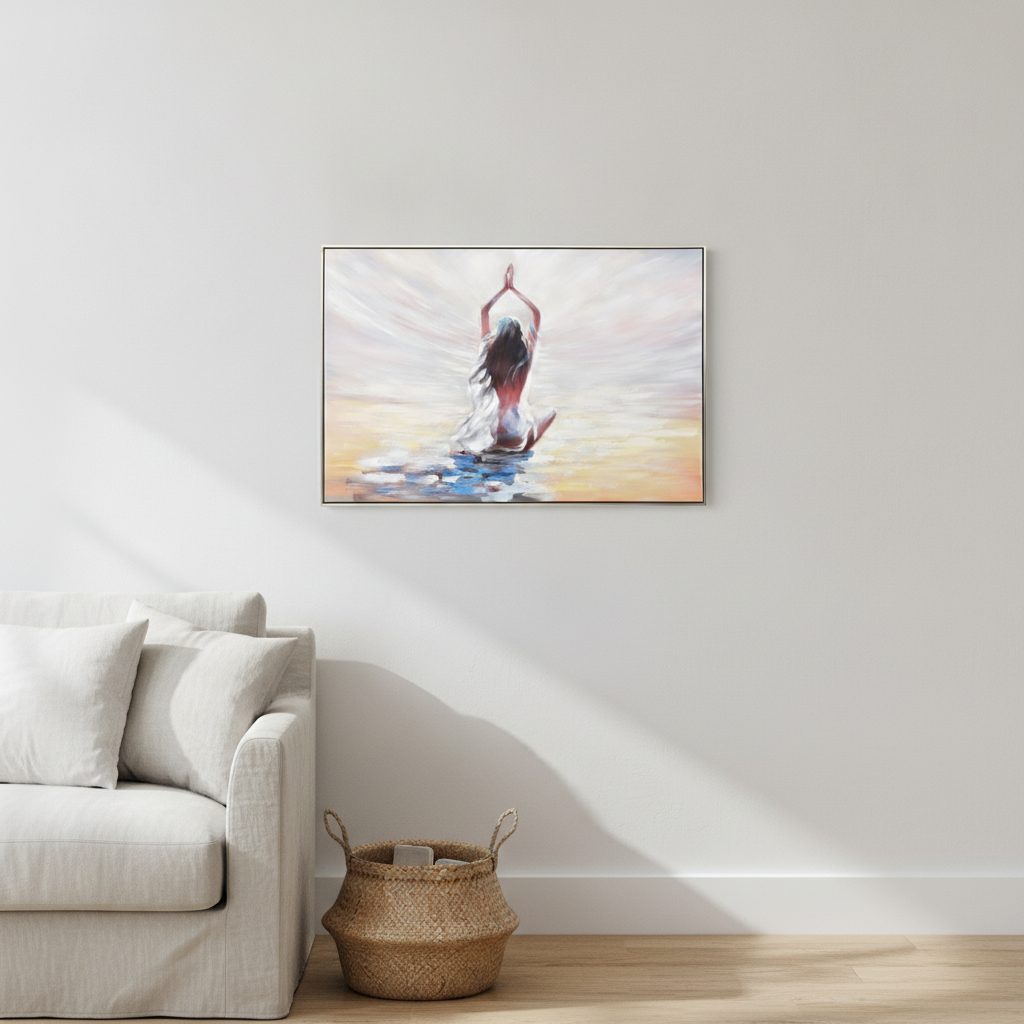 yoga på stranden — handmålad akryl på duk, 82,5×122,5 cm