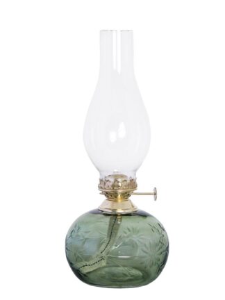 Fotogenlampa Oval Blomma i grönt glas med graverade blommor och brännare i mässing