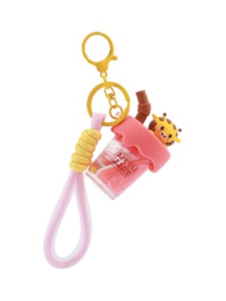 Giraff nyckelring med rosa bubble tea-bägare, gul giraffdetalj och rosa rem