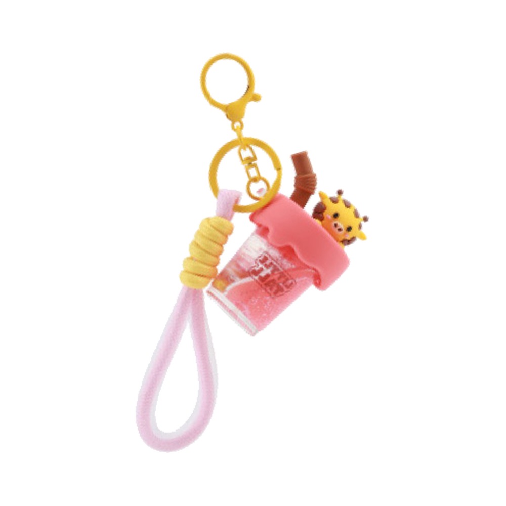 giraff nyckelring med rosa bubble tea-bägare, gul giraffdetalj och rosa rem
