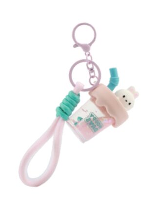 Kanin nyckelring med rosa bubble tea-design och dekorativ rem