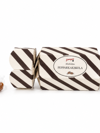 mathildas pepparkakskola i en brun- och vitrandig smällkaramell, 100 g