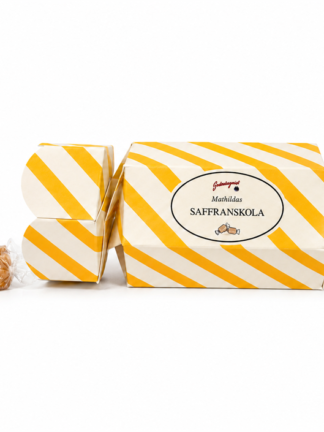 mathildas saffranskola i en gul- och vitrandig smällkaramell, 100 g