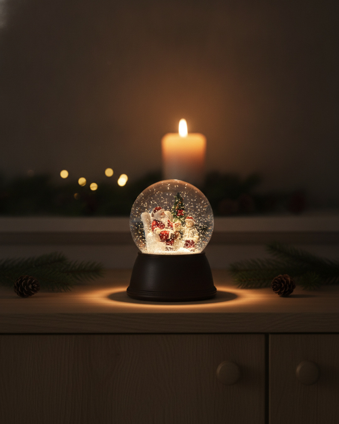 snöglob tomte med barn röd 11x11x15cm – miljöbild