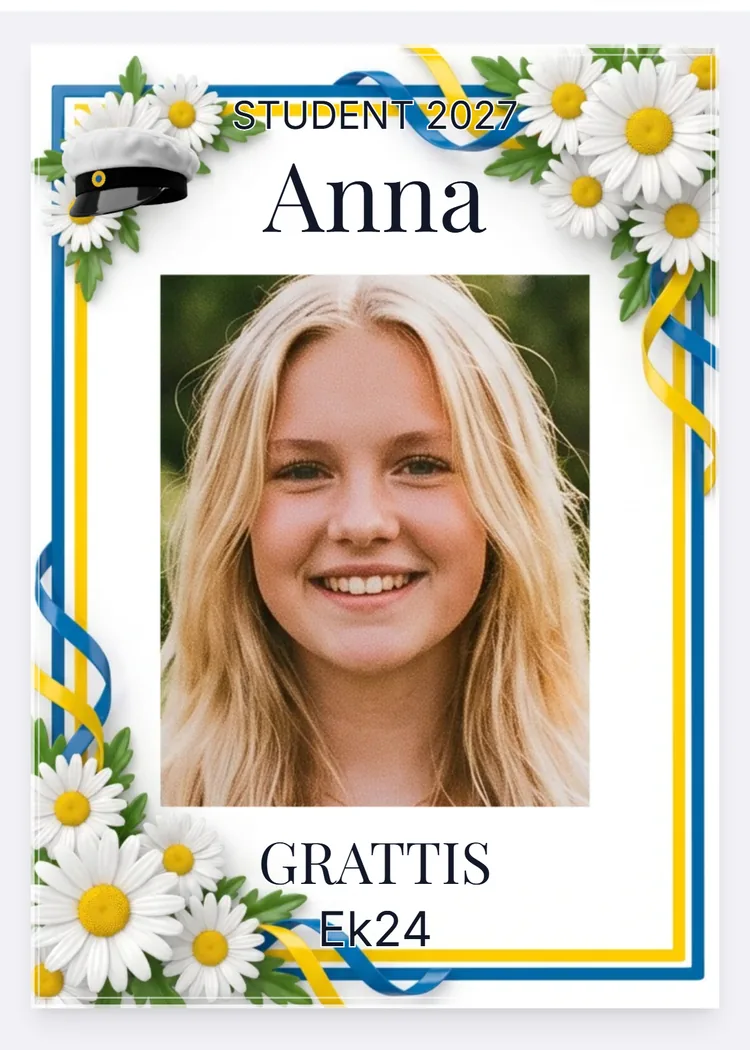 studentskylt i mallen klassisk vit med uppladdat porträtt, namnet anna och texten student 2027