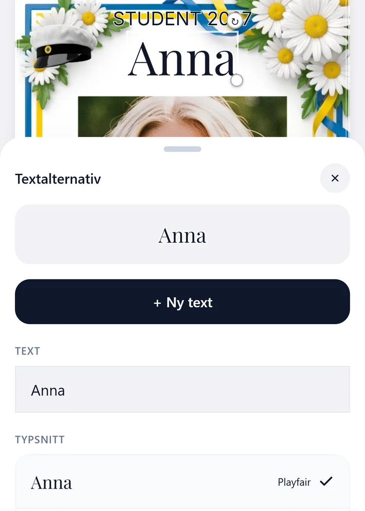 textalternativen i studentskyltsdesignern där namnet och typsnittet väljs