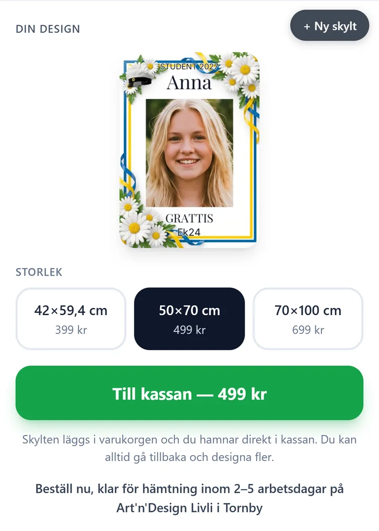 klar-panelen i designern med storlekarna 42×59,4, 50×70 och 70×100 cm och knappen till kassan