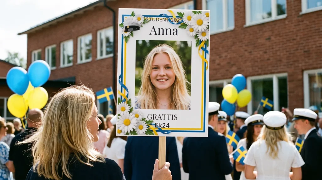 studentskylt 50×70 cm med eget foto, hålls upp vid utspringet i linköping