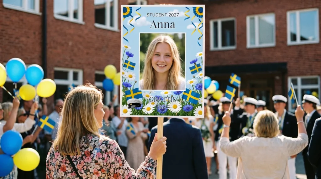 studentskylt svensk sommar med eget foto vid ett utspring i linköping