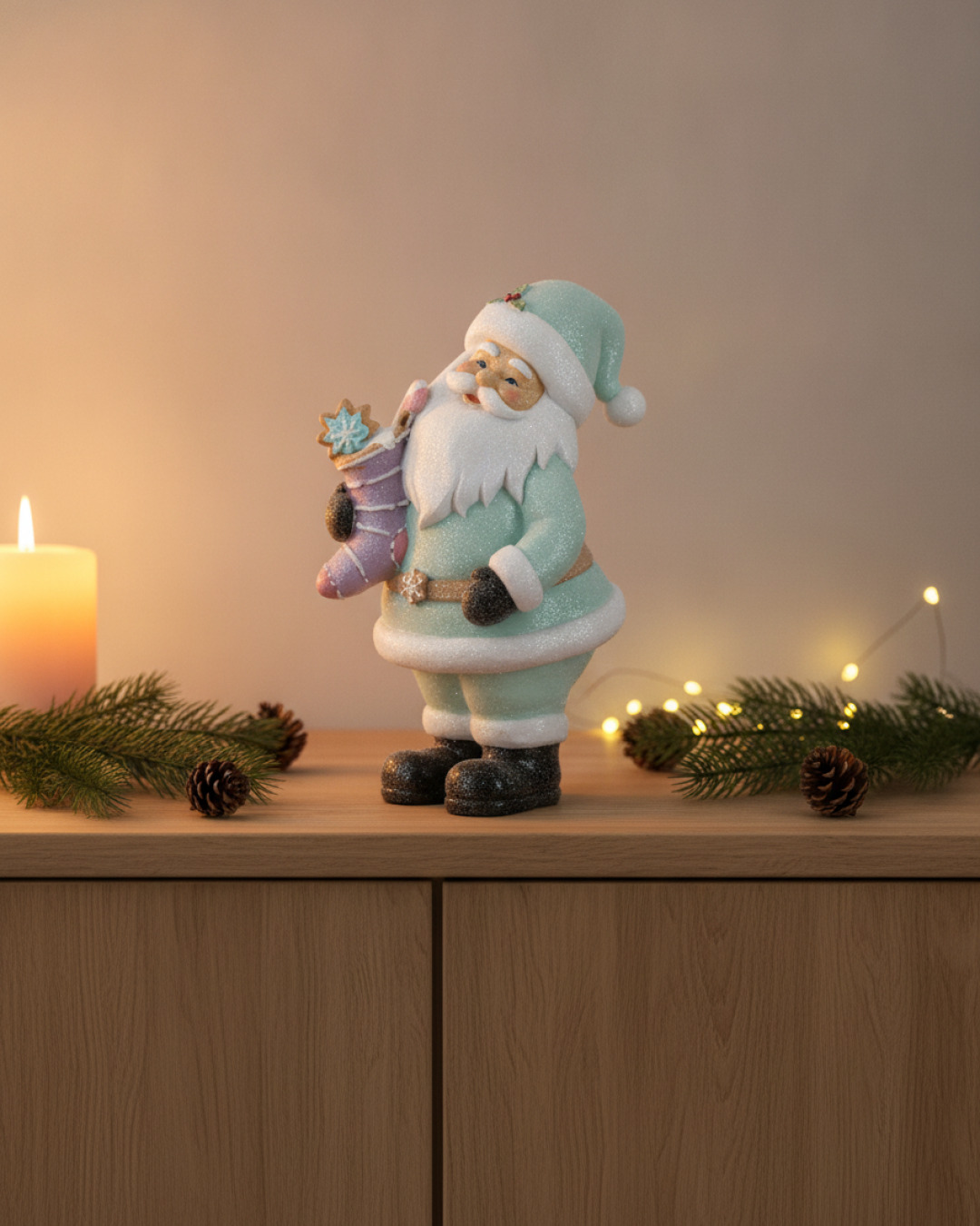 tomte pastell med julstrumpa 10,5×20,5cm – miljöbild